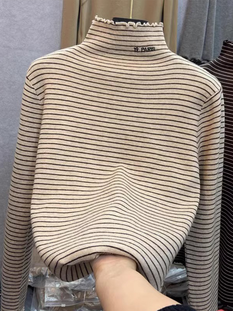 Fleece-lined Thickened Double-Sided Dralon Half Turtleneck Bottoming Shirt Female Fall and Winter Inner Wear Slim Fit Slimming Long Sleeves Striped Tops