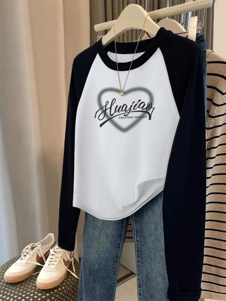 Spring and Autumn 2025 New Arrival Pure Cotton Long Sleeves Inner Wear Bottoming Shirt Women's Short Contrast Color Chic Raglan Tops T-Shirt Women's