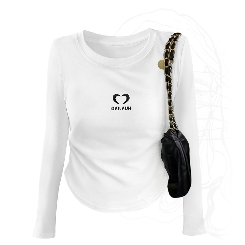 Autumn and Winter New Arrival Silm Pure Cotton round Neck T-Shirt Women's Shoulder Long Sleeves Niche Style Asymmetrical Short Circular Arc Tops