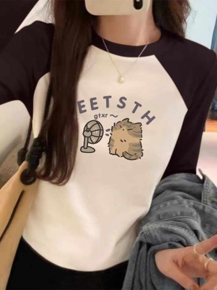 Spring & Fall New Arrival Color Matching Raglan Long Sleeves T-Shirt Women's Bottoming Shirt Slim Youthful Ins Slim Looking Stylish Trendy Top