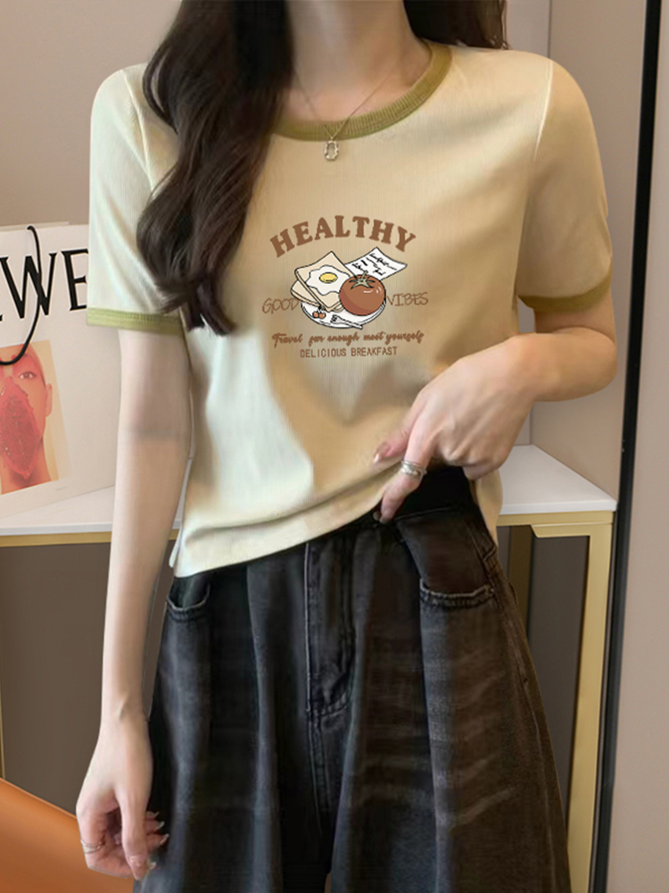 Pure Cotton Short Sleeve T-Shirt Women's Summer New Arrival Western Style Chic Tops 2025 Short Younger Pattern Print Undershirt