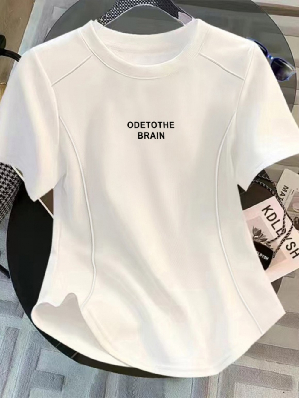 Pure Cotton Shoulder Short Sleeve T-Shirt Women's Silm Slim Looking 2025 New Arrival Easiest for Match Spring and Summer Waist-Tight Fishbone Chic Tops