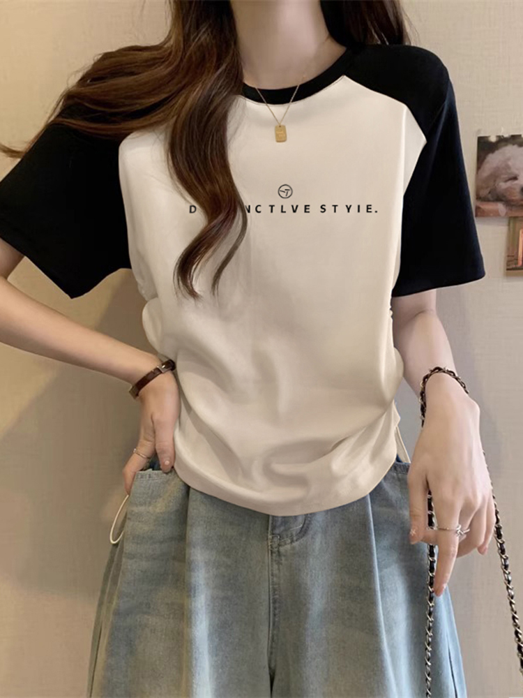Short Raglan Sleeve Tops Women's Pure Cotton Contrast-Color Short Sleeve T-Shirt Women's Summer New Arrival Shoulder Stylish Niche Style Isn Fashion