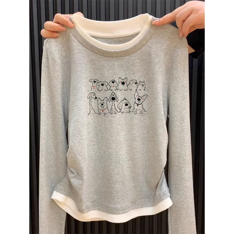 Fake Two-Piece Gray Shoulder Long sleeves Shirt Women Early Spring Dralon Design Sense Pleat Waist Hugging Slimming Bottoming Shirt Top