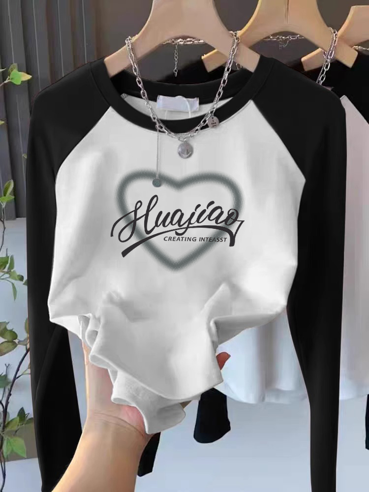 2025 Autumn Cotton Silm Bottoming Shirt Women's Inner Wear Western Style Youthful-Looking Raglan Sleeve Short Upper Clothes Long Sleeves T-shirt Fashion