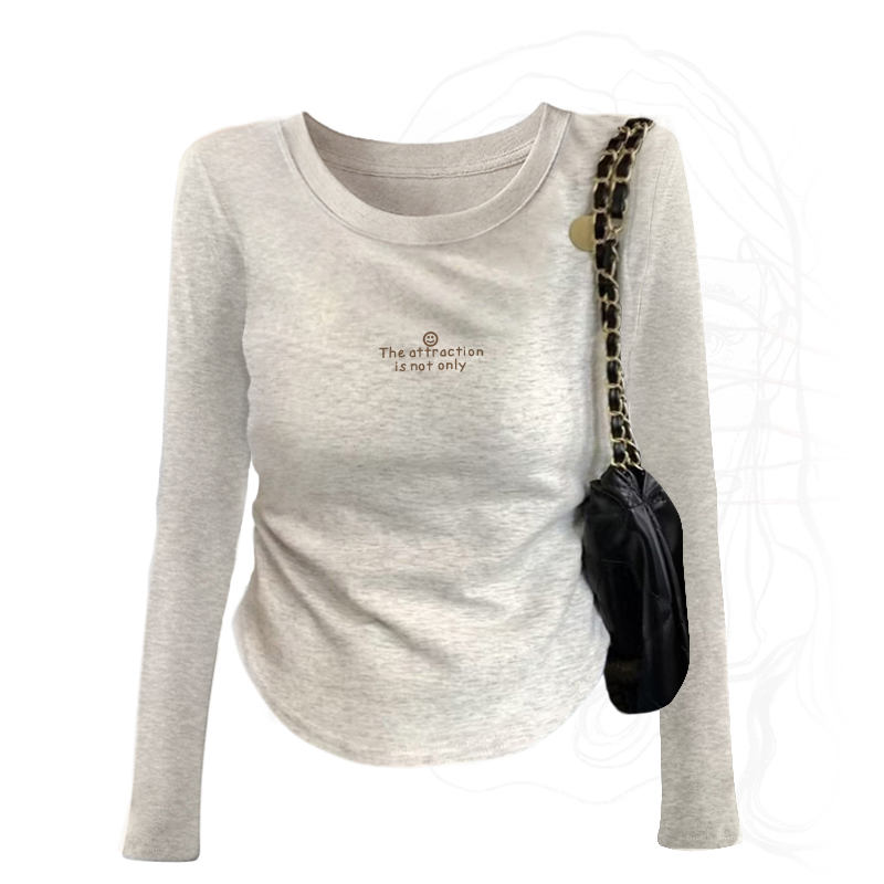 round Neck Milk White Gray Long Sleeves T-shirt Female Stylish Niche Style Spring Autumn Underwear Short Bottoming Shirt Sexy Silm Tops
