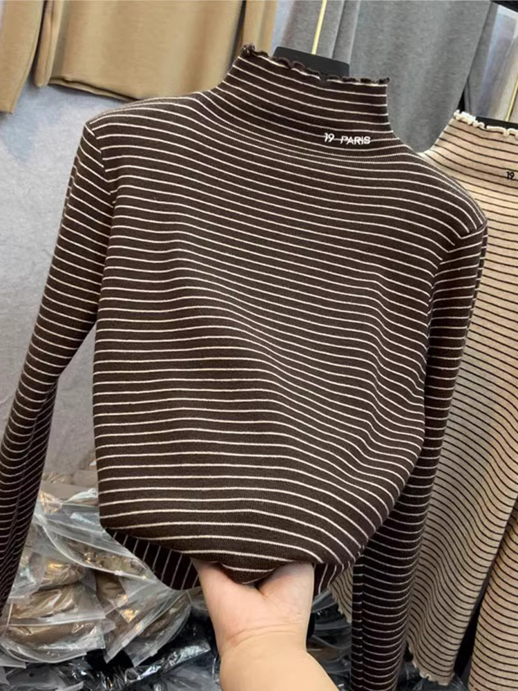 Double-Sided Dralon Stripes Bottoming Shirt Women's Autumn and Winter 2025 New Inner Wear Thickened Warm Long Sleeve T-shirt Tops