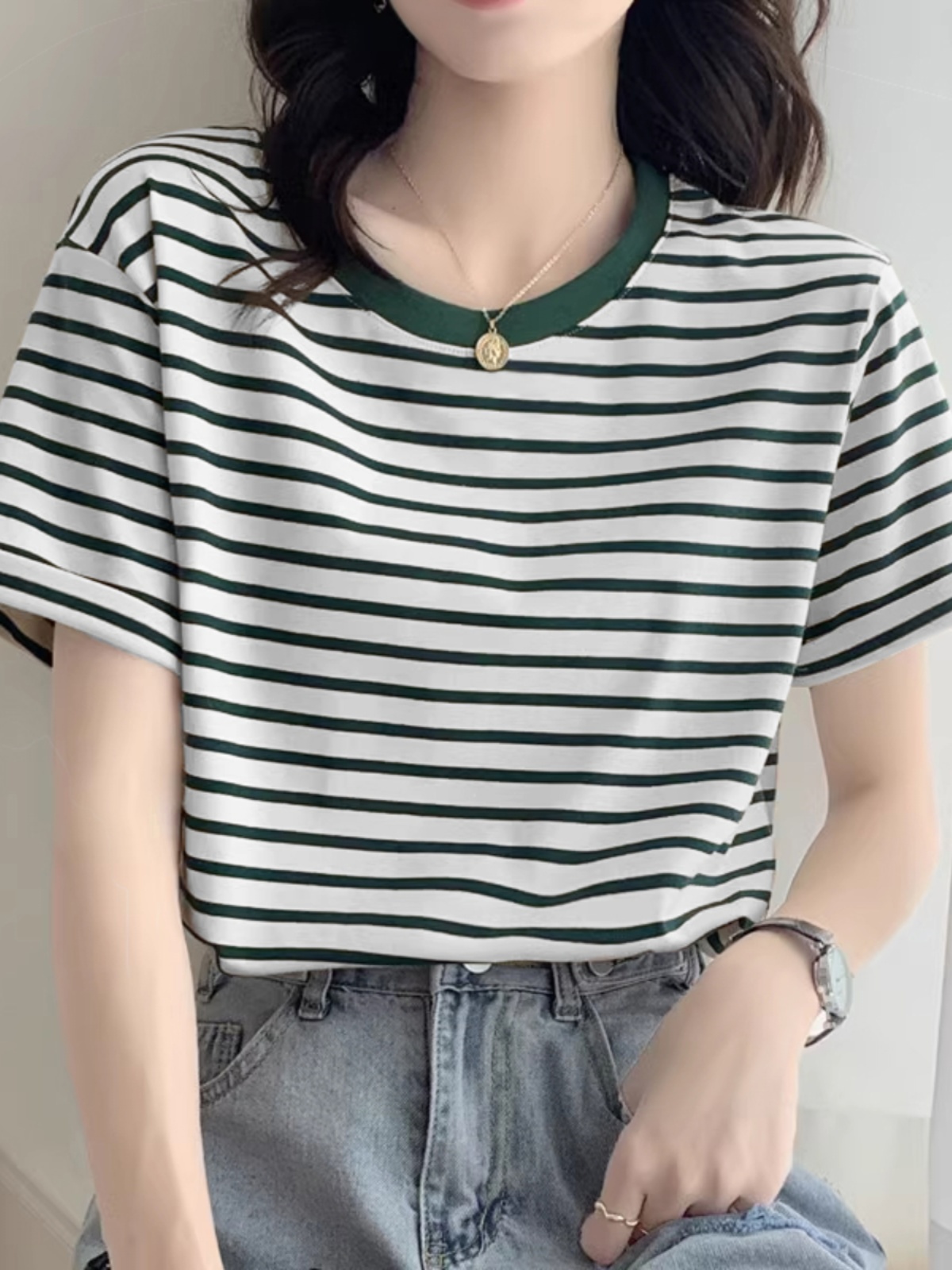 European Station Women's Clothing 2025 New Arrival European Goods Trendy Green Striped T-shirt Women's Short Sleeve Loose Half-Sleeved T-shirt Summer