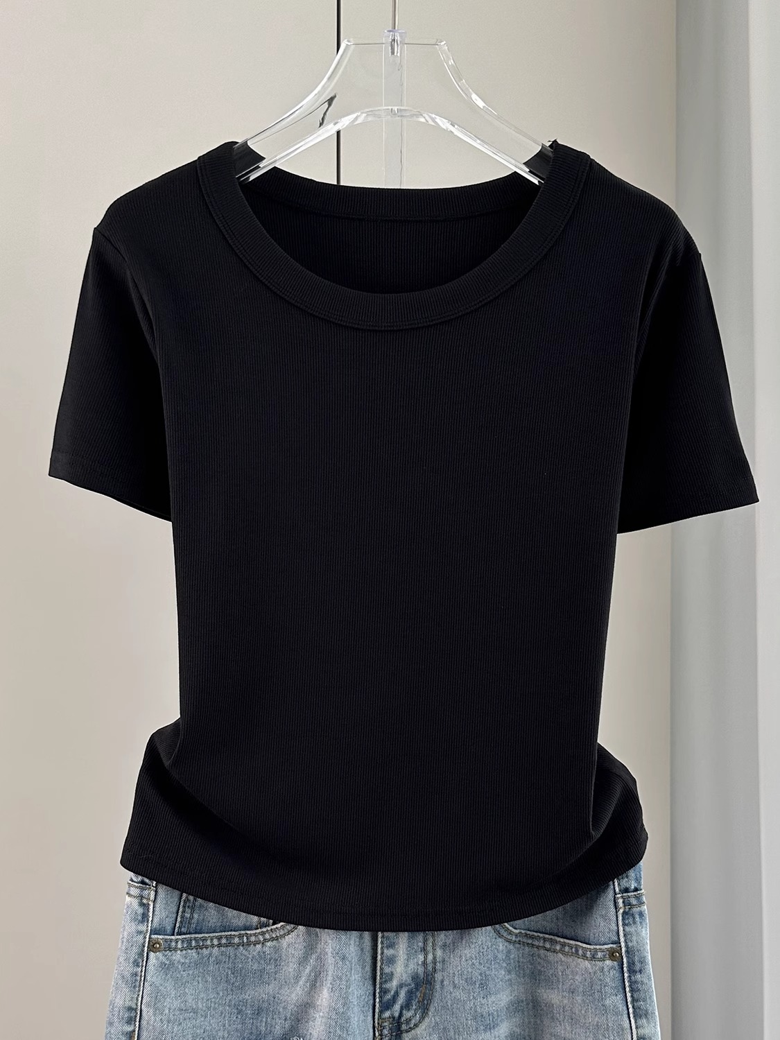 Women's Shoulder Short-Sleeved T-shirt Summer Thread Pure Color Casual Loose Top T-shirt Black Basic Bottoming Shirt Tide