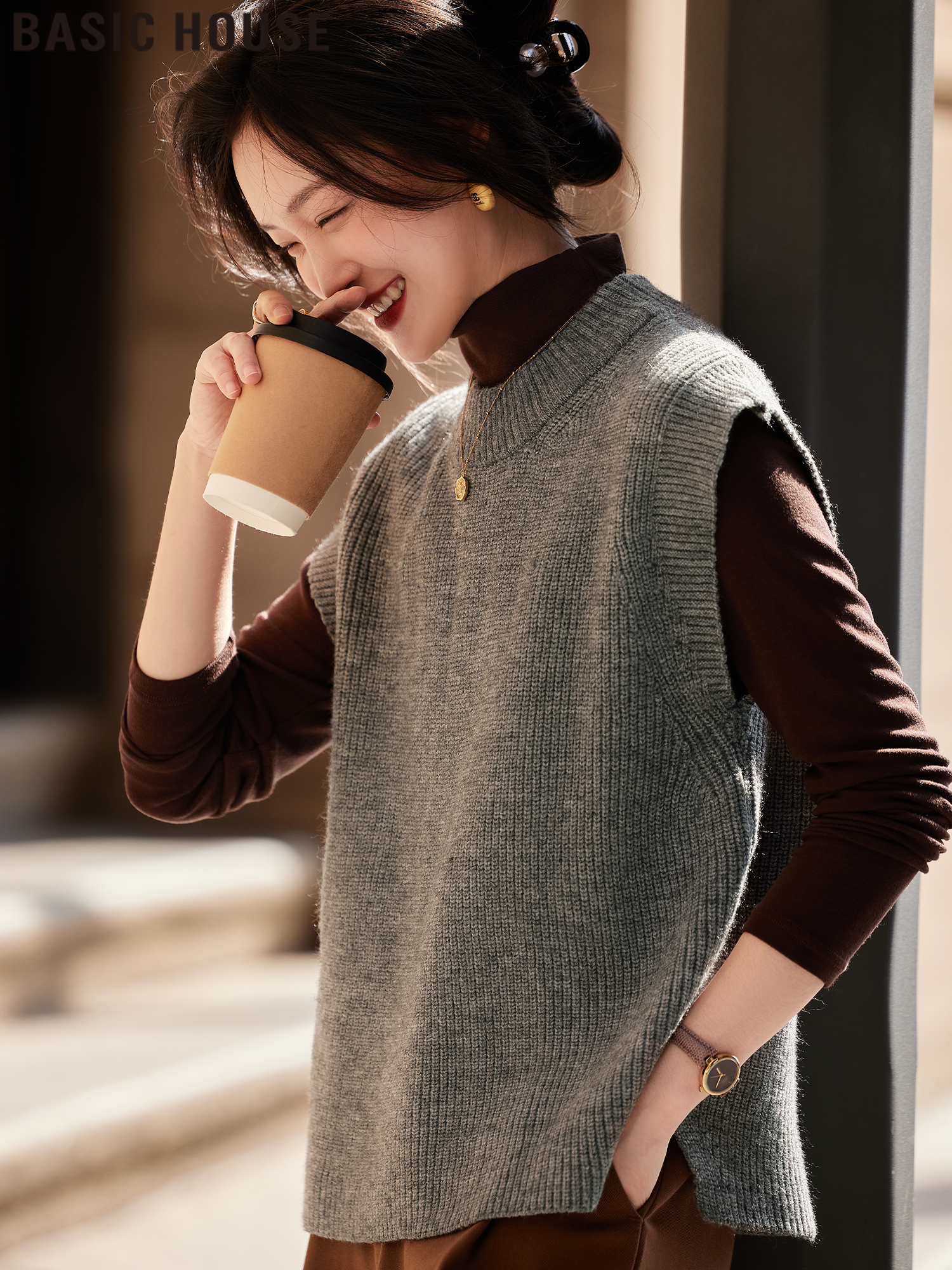 Basic House/Baijiahao Gray Series Idle Style Bandage Dress Knitting Vest Coat Female 2025 Spring New Arrival