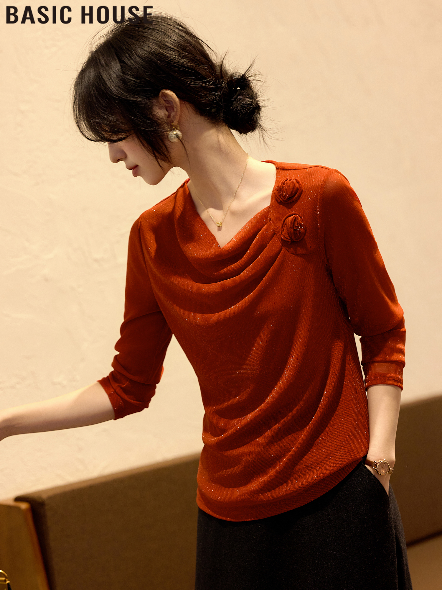 Basic House/Baijiahao Elegance Traveling Pumpkin French Swing Collar Tops Women's Clothing 2025 Spring New Arrival
