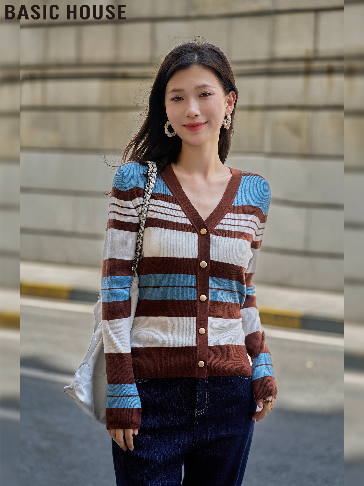 Basic House/Baijiahao V-Collar Contrast Color Striped Short Style Figure Flattering Knit Cardigan Female 2025 Spring New Arrival
