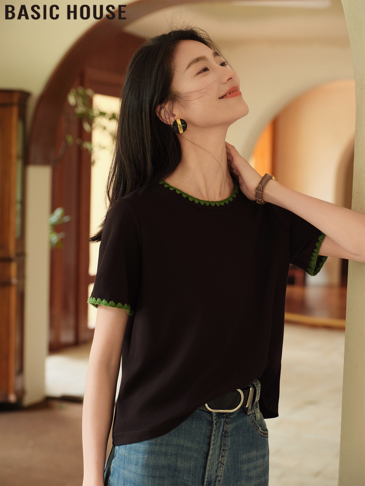 Basic House/Baijiahao Stylish Contrast Color round Neck Loose Short Sleeve T-shirt Top Female 2025 Summer New Arrival