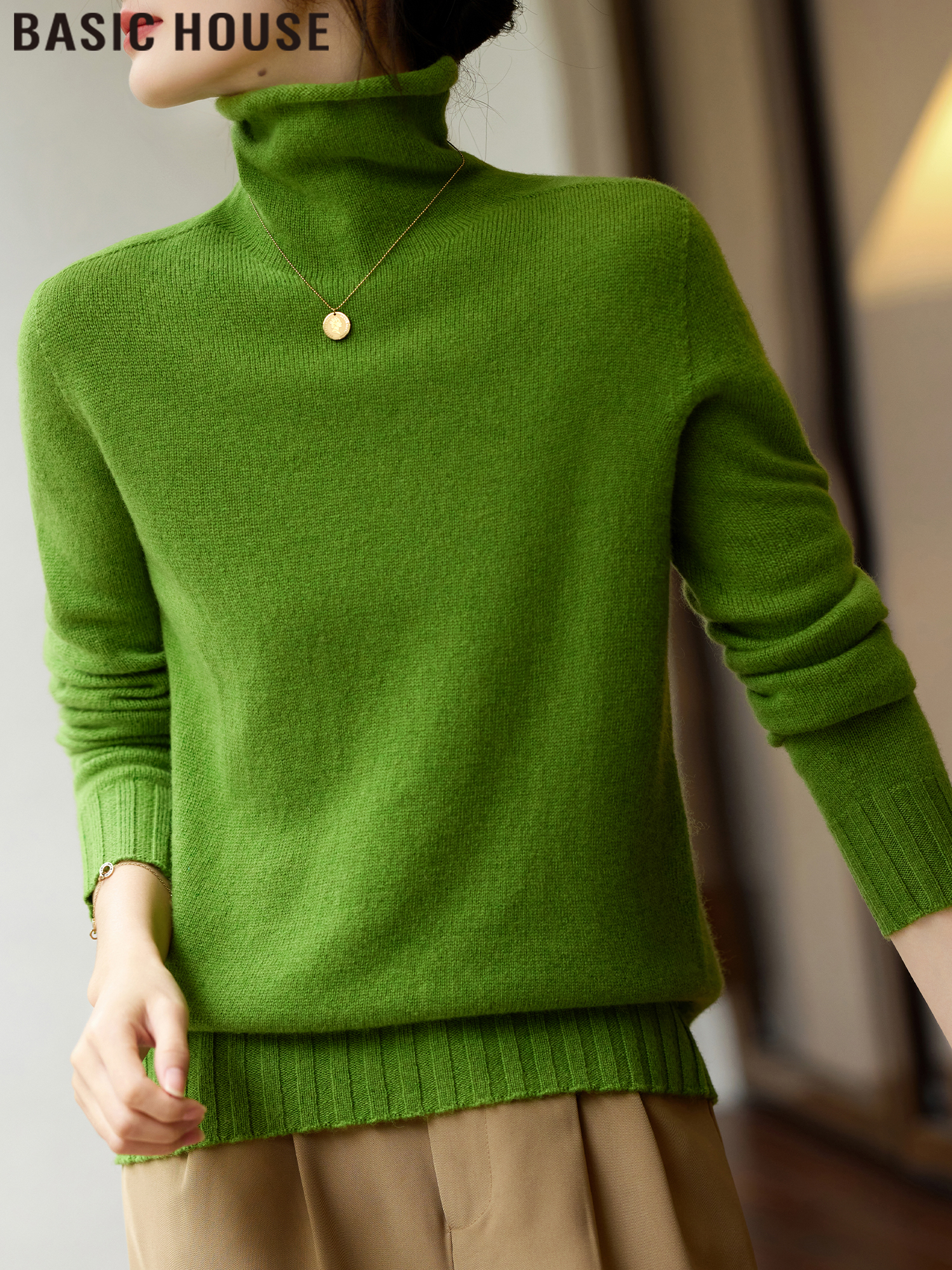 Basic House/Baijiahao Green Wool Turtleneck Sweater Women's Spring Dopamine Wear Knitting Bottoming Shirt