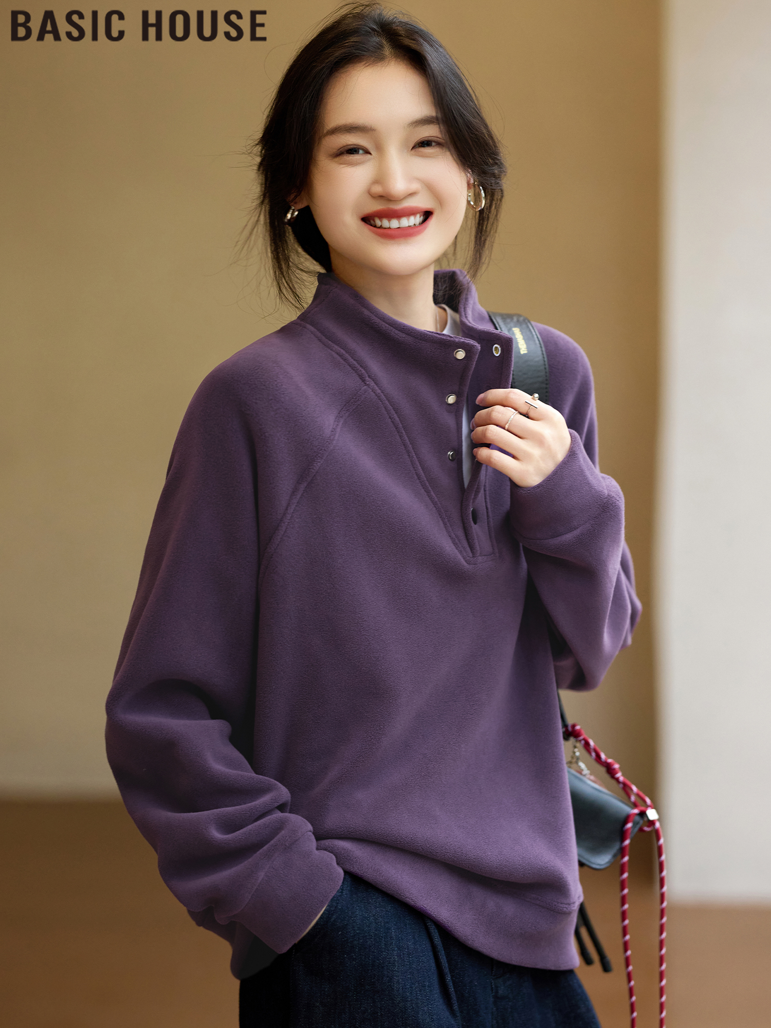 Basic House/Baijiahao New Year Red Stand-up Collar Dralon Sweatshirt Women's Spring Thickened Half-Open Collar Bottoming Shirt