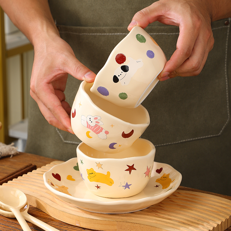 Cute Ceramic Bowl Good-looking Rice Bowl For Home Cream Tableware Personal Dedicated Eating Bowl for One Person Tableware Suit