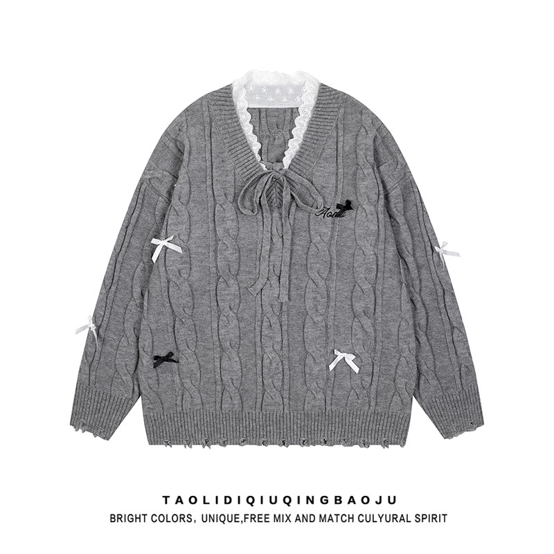 Lace Stitching Bow V Neck Cable-Knit Sweater Women's Winter Korean Style Idle Style Loose Slim Looking Gray Knitwear