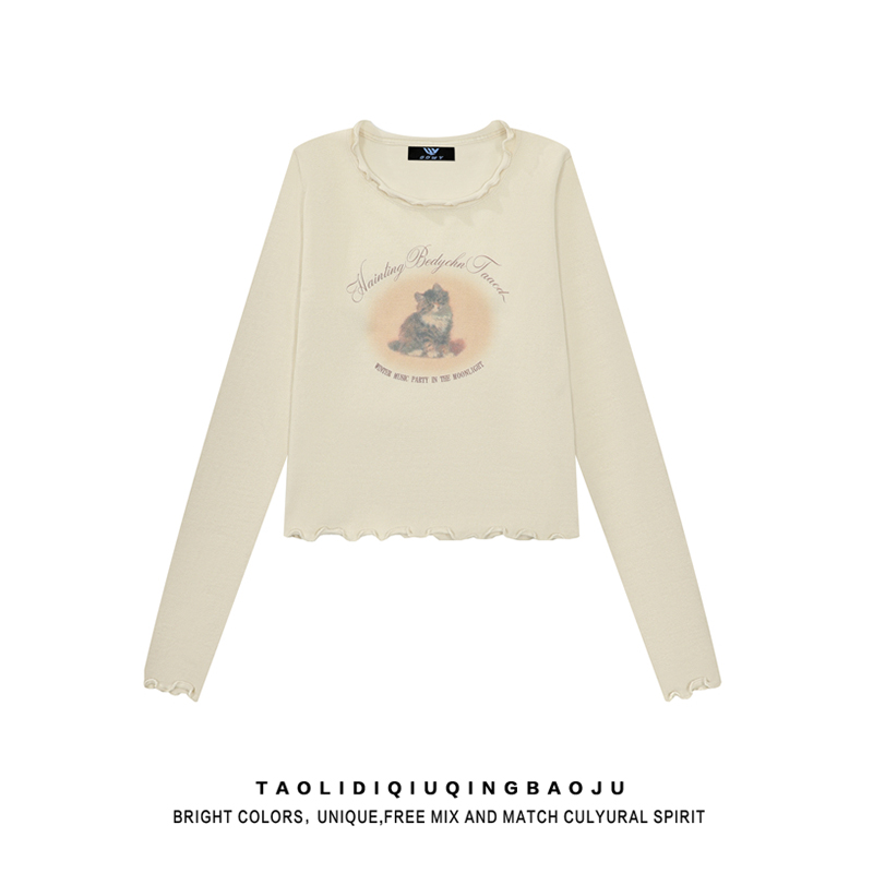 Retro Cat Wooden Ear Small Top Long Sleeves T-shirt