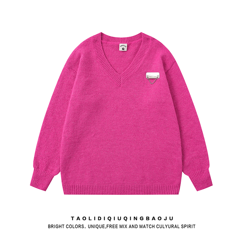 Rose Red White V Neck Sweater Women's Autumn Clothing 2025 New Lazy Wind Casual Versatile Long Sleeves Knitwear Tops