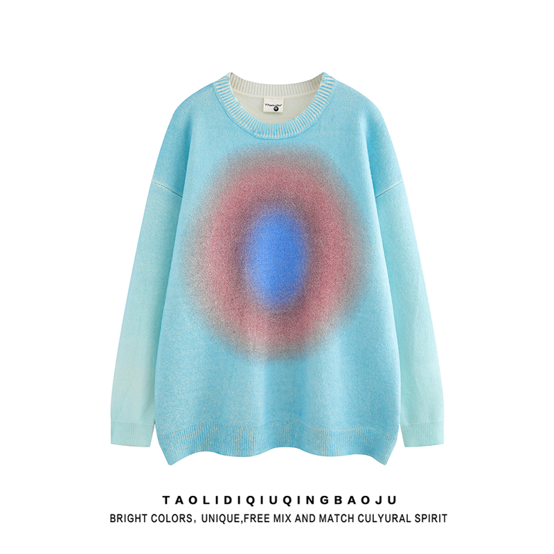 American Retro Color Gradient round Neck Sweater Female Autumn Leisure Easiest for Match Couple Idle Style Pullover Knitwear Tide