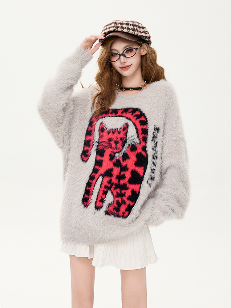 American Leopard Cat Mink Hair Sweater Women's 2025 New Arrival Retro Loose and Idle Couple Pullover Knitwear