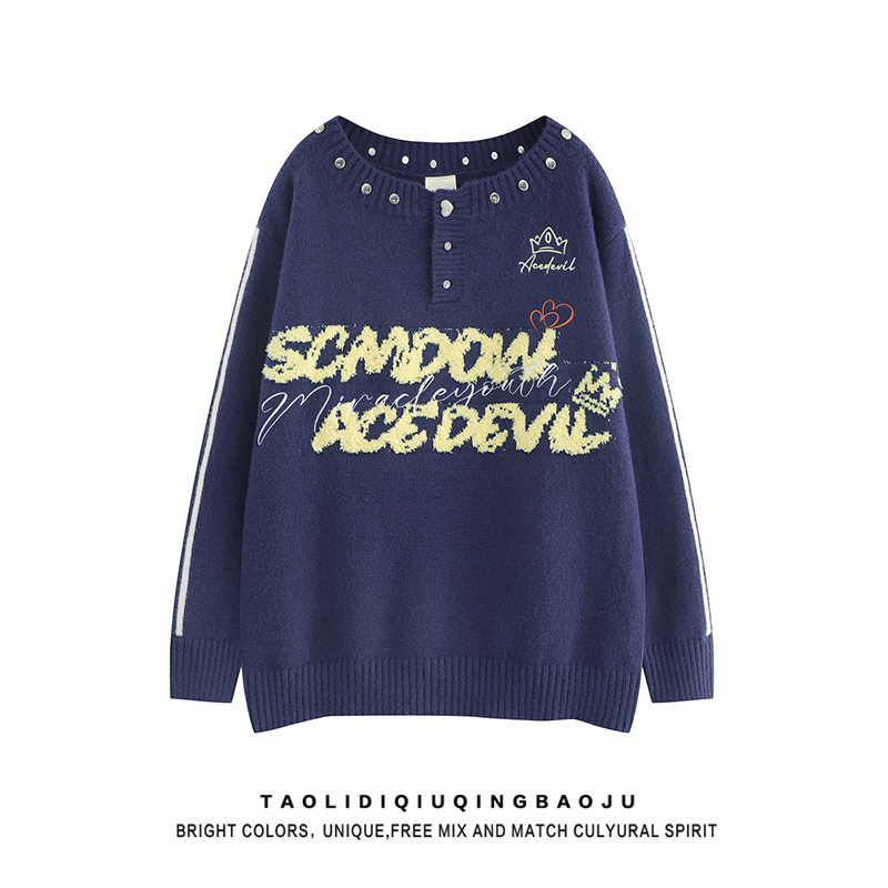 Dark Blue Letters Flocking round Neck Sweater Women 2025 New Lazy Wind Loose Lovers Wild Unique Knitwear