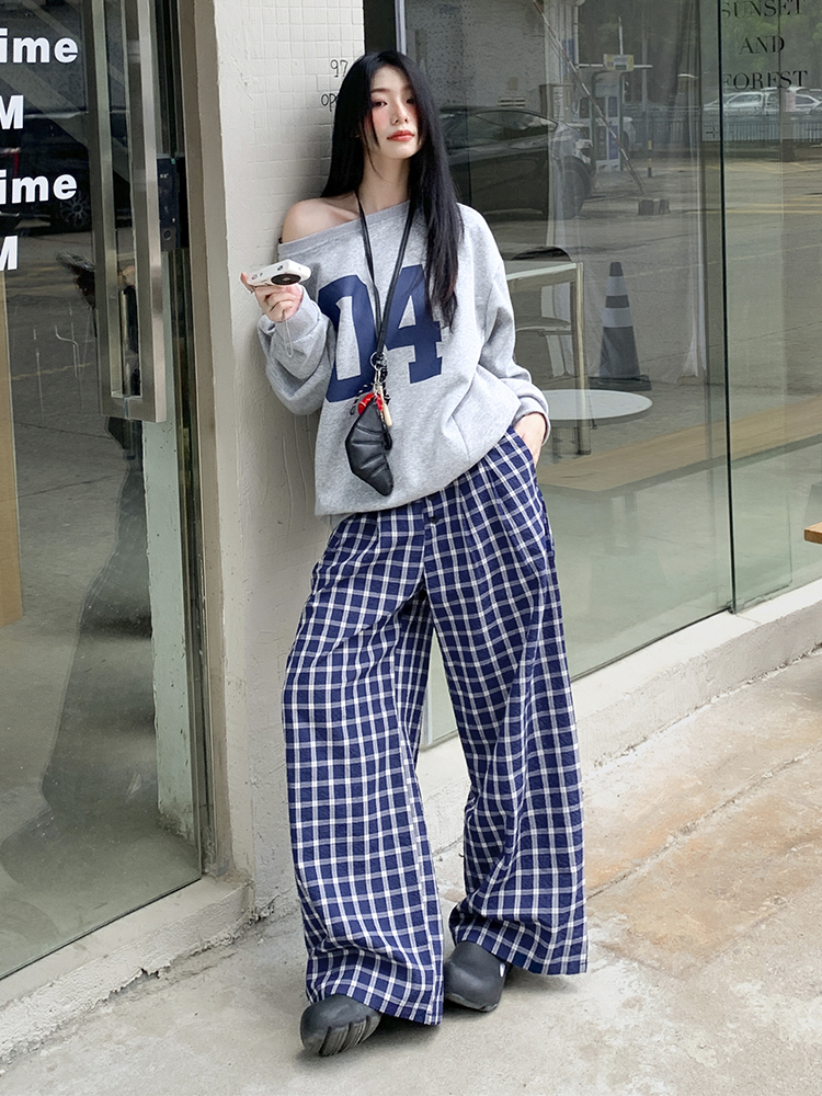 Korean Style Chic Blue Plaid Pants Women's Autumn Loose and Lazy Style Walking Pants Drape Easiest for Match Straight Casual Pants