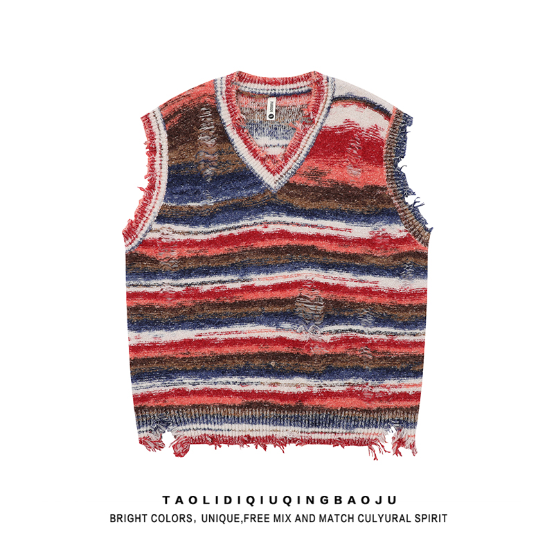 American Stylish Contrast Color Stripes V Neck Sweater Vest Women's Autumn Fashion Brand Street Couple Clothes Sweater Vest