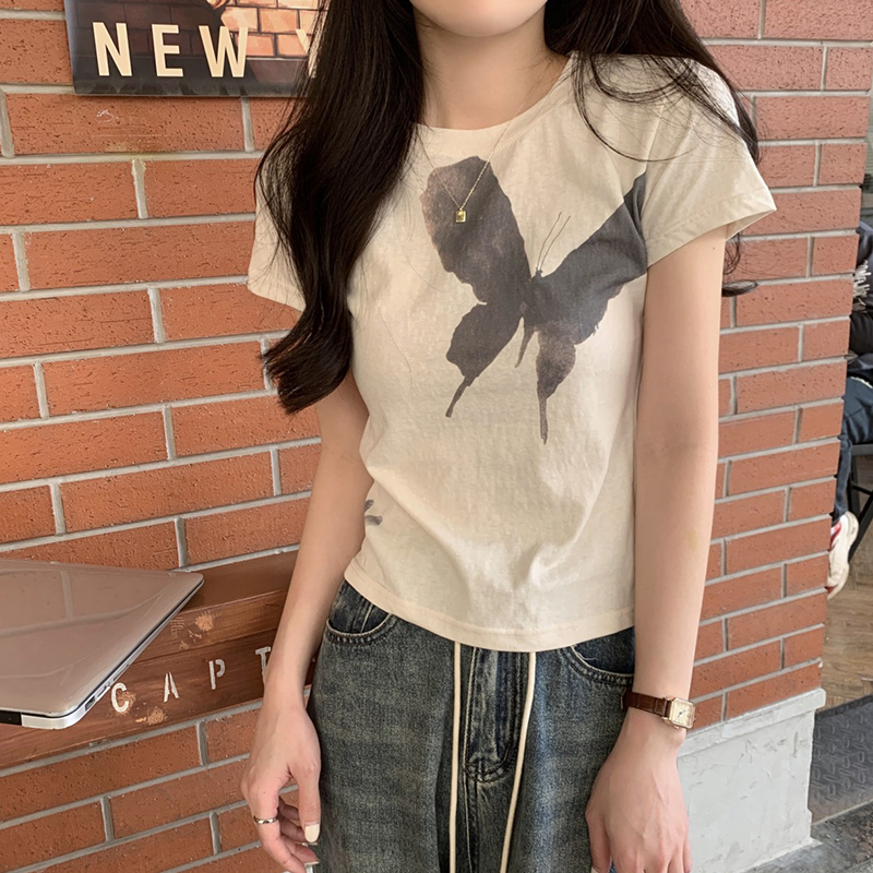 Print Shoulder Women's Summer Silm Chic Short-Sleeved T-shirt