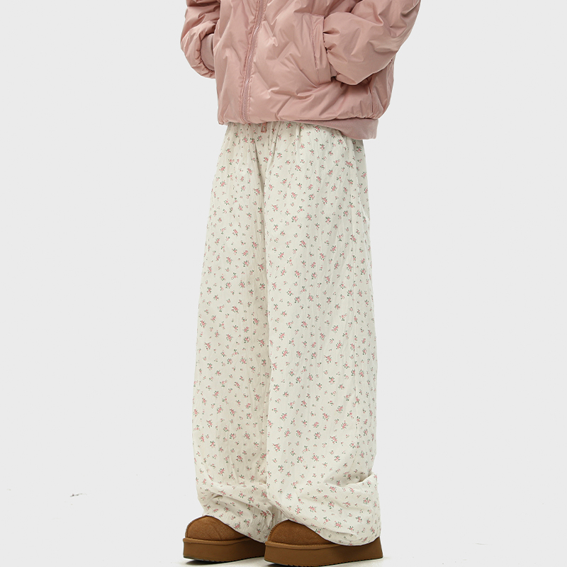 Japan fashion Sweet Small Floral Printed Straight Casual Pants Women Winter Fleece-lined Thick Loose Wide Leg Drape Mopping Pants