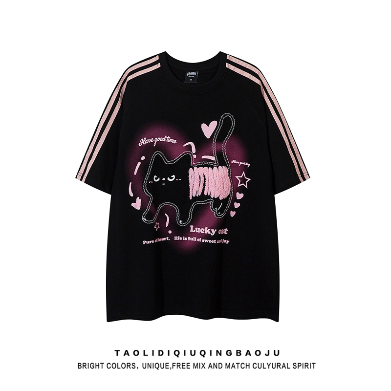 Cat Printing 2024 New Loose-Fitting Short Sleeves T-Shirt
