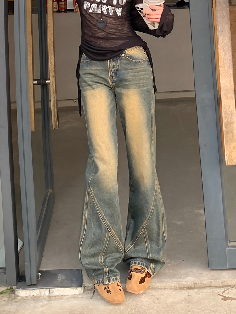 Retro Distressed Stitching Weila Denim Women's Clothing Autumn Vibe Style Stylish Slim Looking Easiest for Match Loose Loose Pants