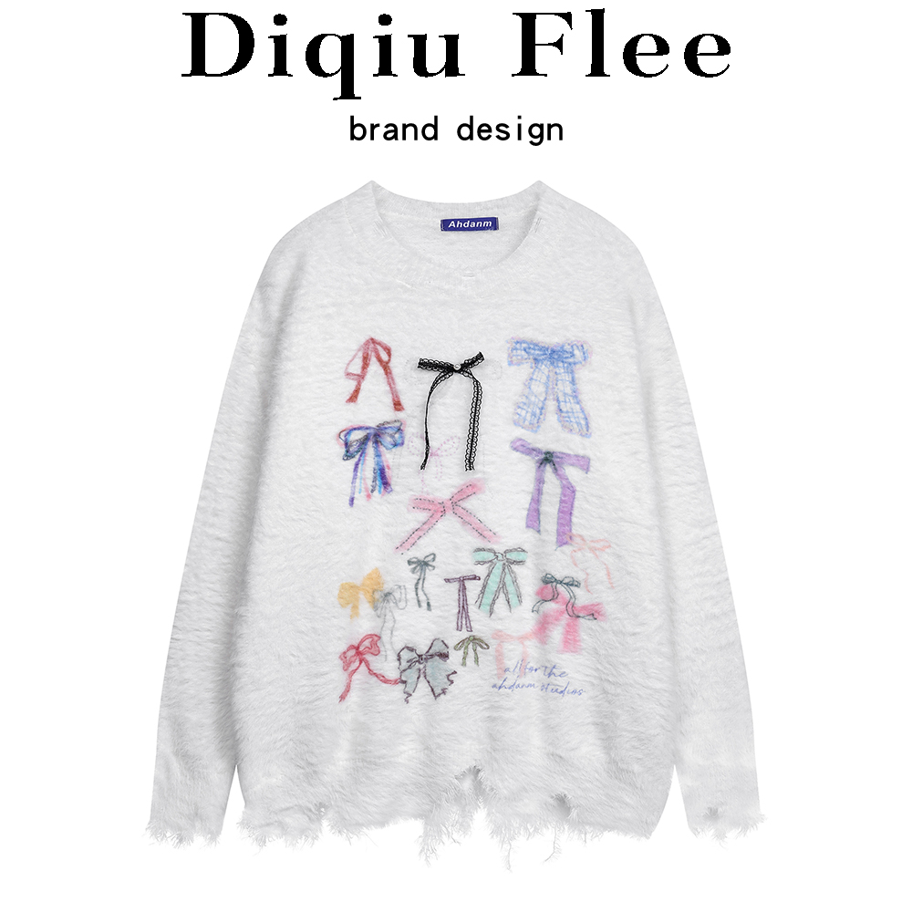 Color Bow Graffiti round Neck Sweater Women's 2025 Winter Korean Style Chic All-Matching Youthful-Looking Chic Knitwear