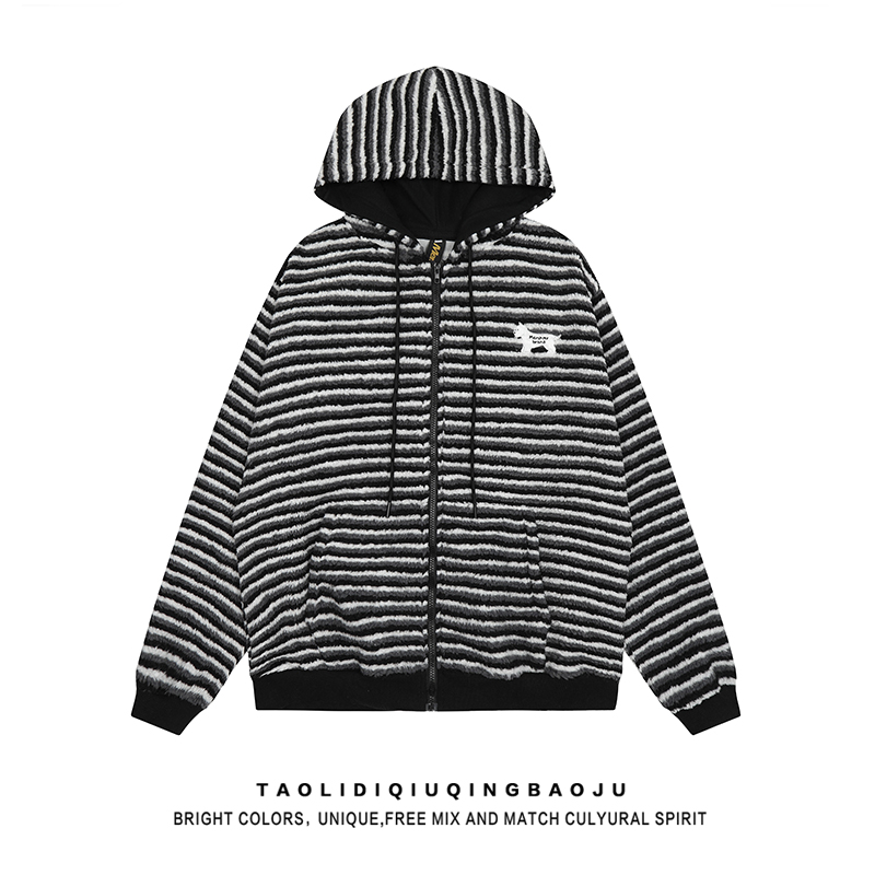 American Retro Stripes Puppy Polar Fleece Jacket Female Winter Loose BF Idle Style Couple Thickened Warm Cotton Coat