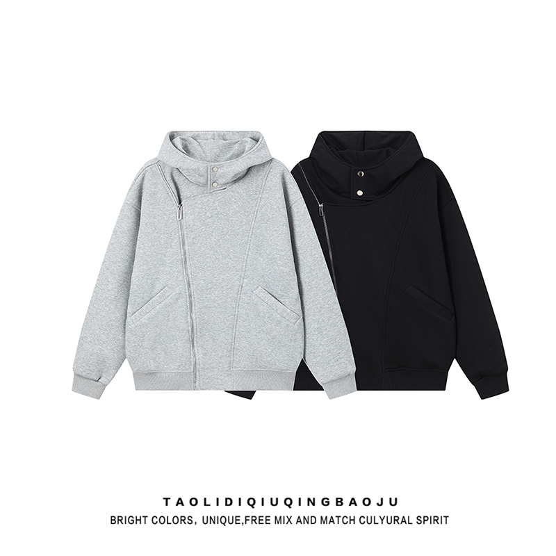 Stylish Double Zipper Gray Hooded Sweatshirt Women 2025 New Arrival Best Selling High Street Couple Wear Loose Fleece Padded Coat