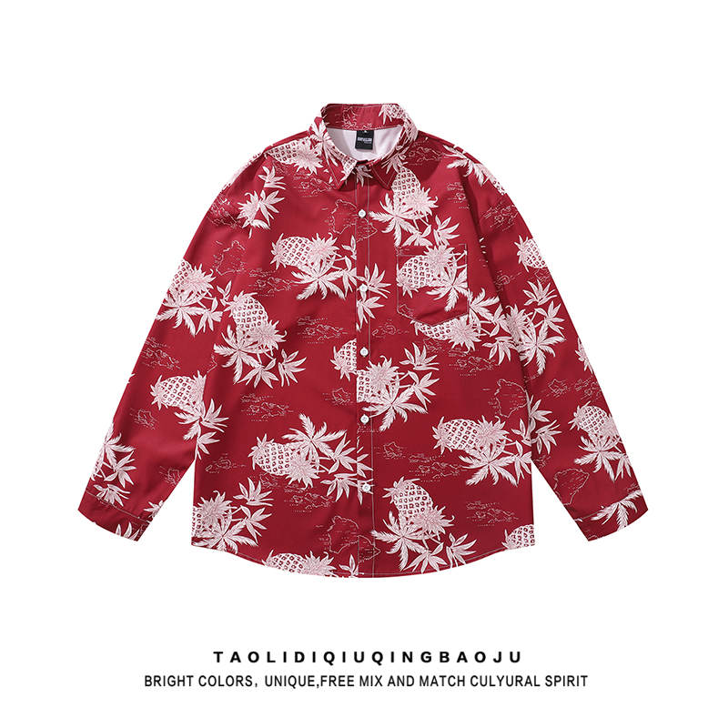 American Retro Pineapple Full Printed Red Shirt Women's Autumn Loose BF Lovers Wild Drape Long Sleeve Shirt Coat