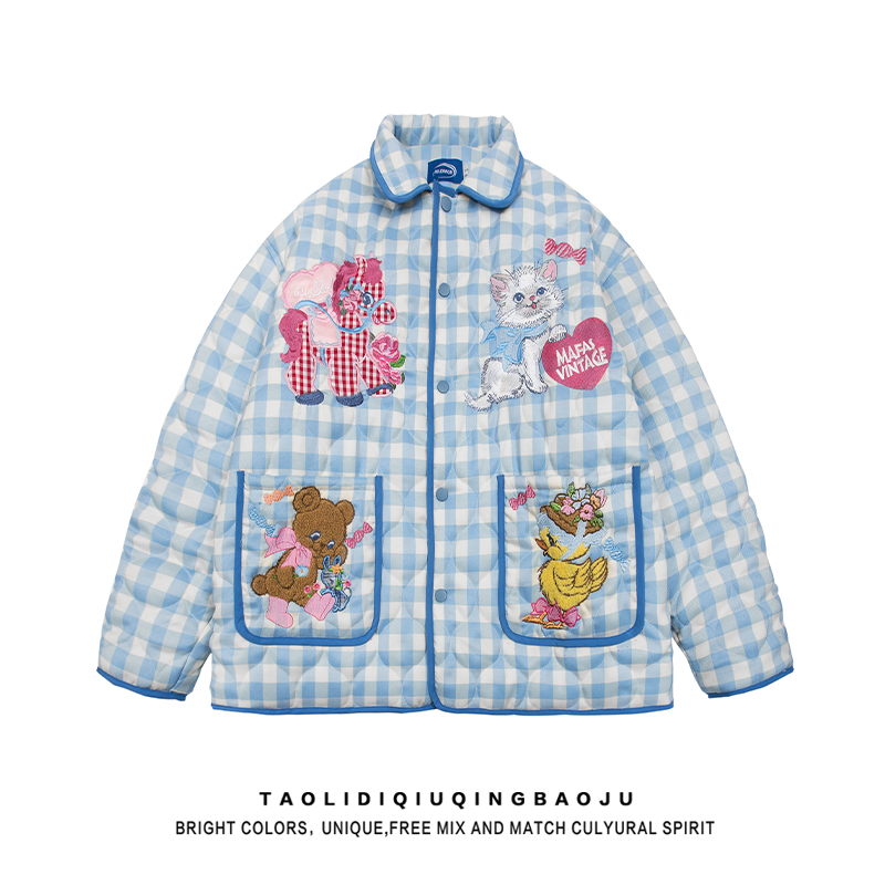 Childlike Cartoon Plaid Lapel Plaid Cotton-Padded Clothes for Women 2025 New Arrival Loose Easiest for Match Students Warm-Keeping Winter Thick Coat