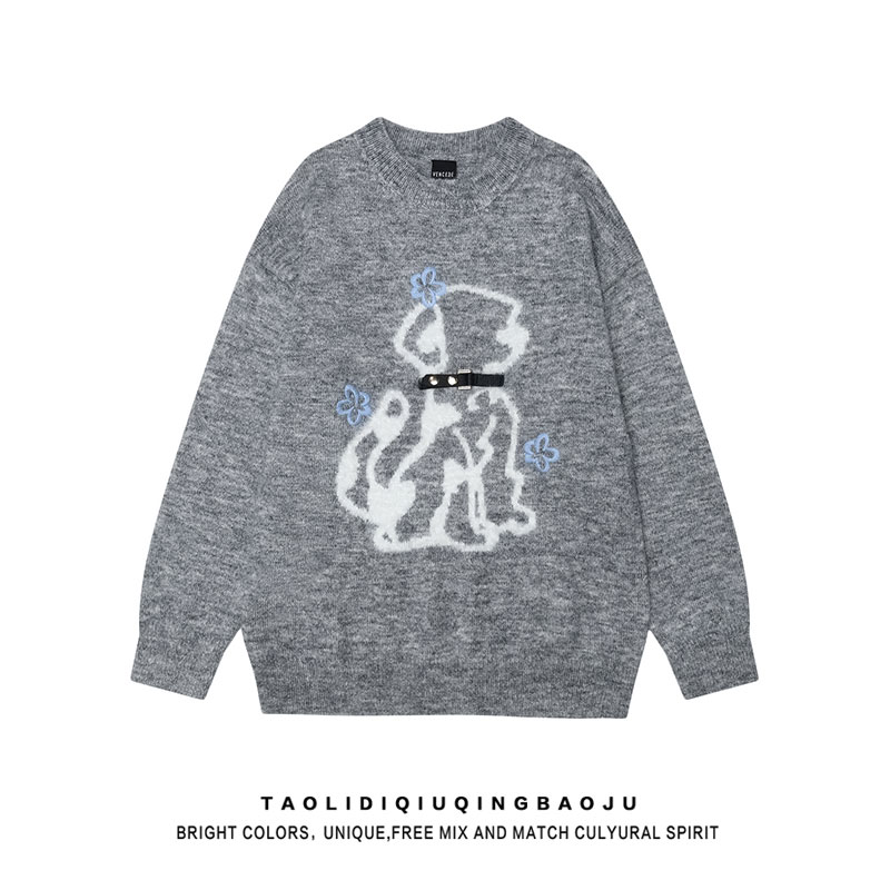 Japanese Style Simple Puppy Jacquard round Neck Sweater Female 2025 New Arrival Loose BF Casual Couple Idle Style Knitwear