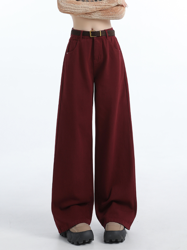 American Retro Red Wide Leg Denim Women's Autumn Wear High Waist Baggy Straight Trousers Slim Looking Draping Mopping Pants