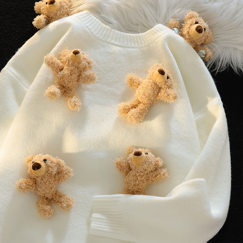American Fun Three-Dimensional Stuffed Bear round Neck Sweater Women's 2025 New Arrival Casual Laid-Back Style Knitwear Tops