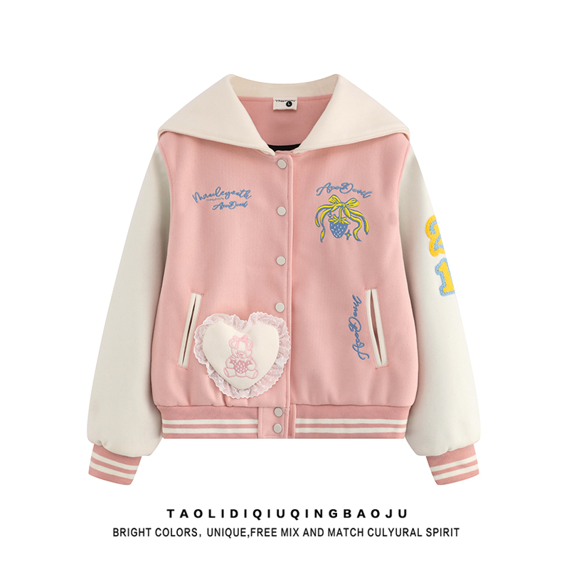Dopamine Pink Embroider Sailor Collar Baseball Uniform Women's Autumn Small Slim Looking Easiest for Match Unique Super Nice Outwear