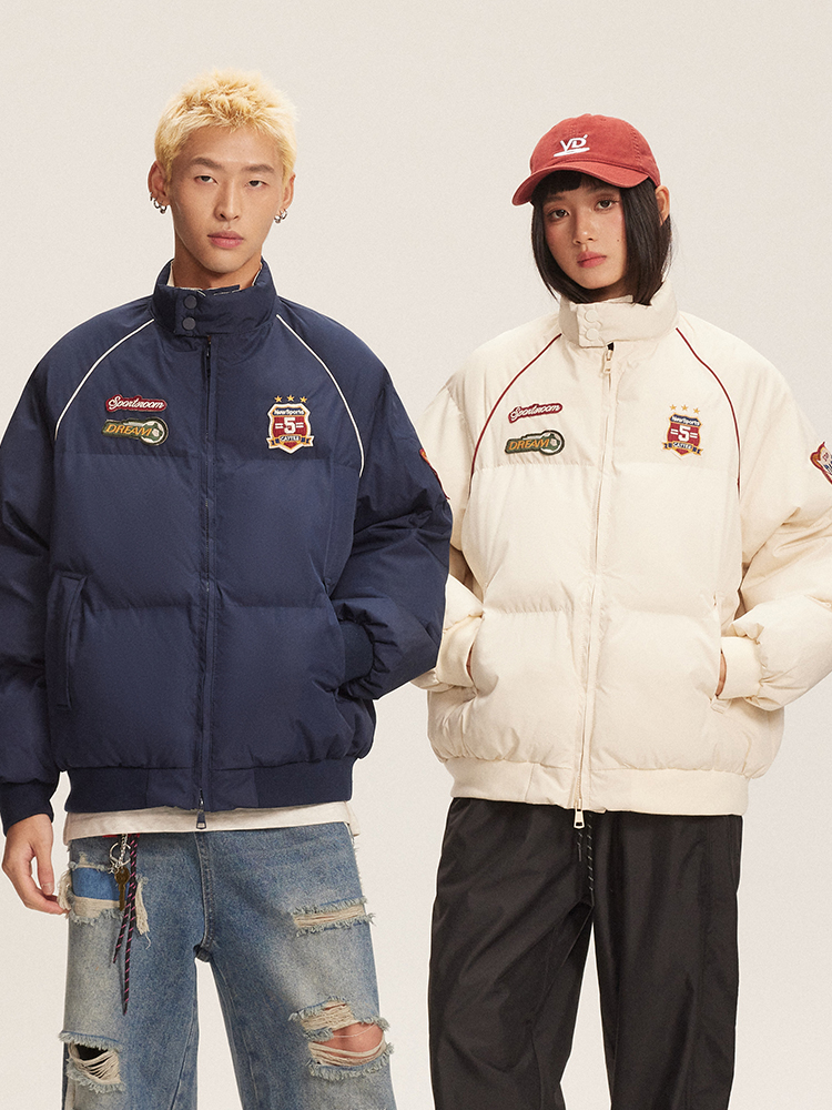 Chinese Fad American Badge Embroidered Stand Collar Cotton Clothing Cotton Coat Female Winter Couple Loose Thick Thermal Cotton Coat Jacket