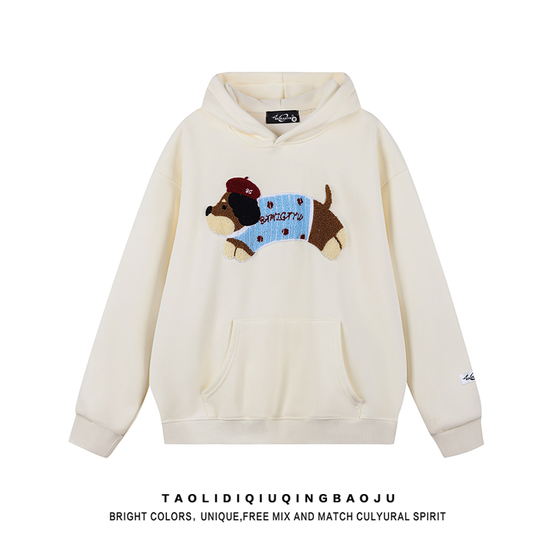 Fun Sausage Puppy Embroidered Hoodie Female Winter Fleece-lined Thickened American Lazy Chic Loose Couple Coat