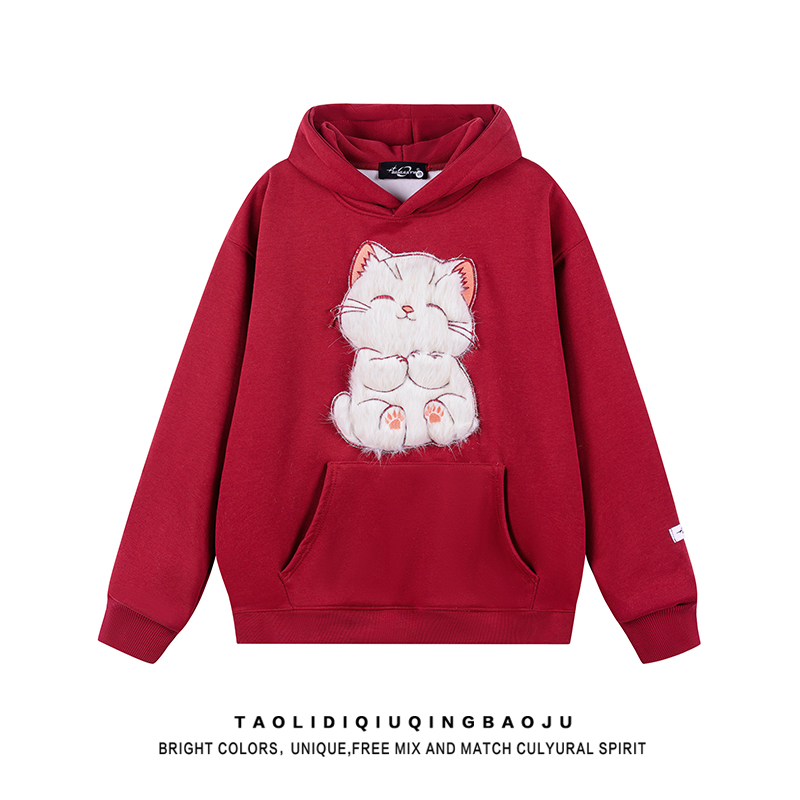 Country Trendy Cute Lucky Cat Hooded Sweatshirt Female Winter Fleece-lined Thick Loose Couple Coat New Year Red Tops