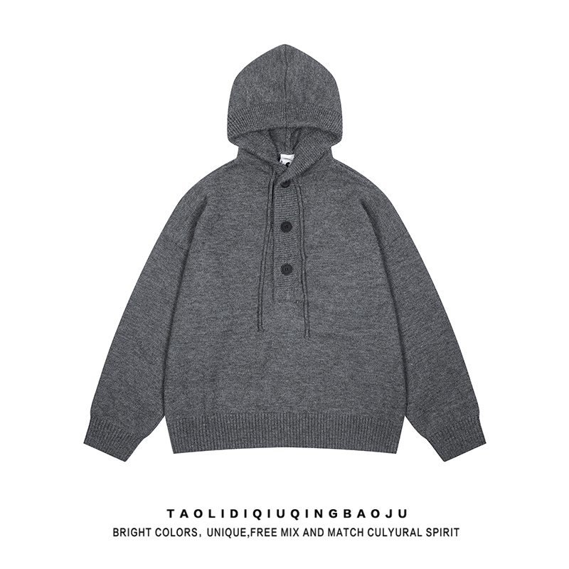 Retro Lazy Style Gray Hooded Sweater Women's Autumn Loose Oversize Couple Wear Casual Sweater Outwear