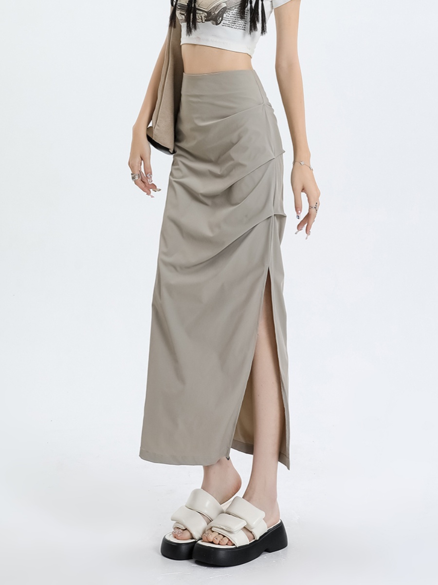 Gray Parka Skirt for Women 2025 New Arrival Silm Slimming Slit Sexy Ruched Skirt High Waist Sheath Dress