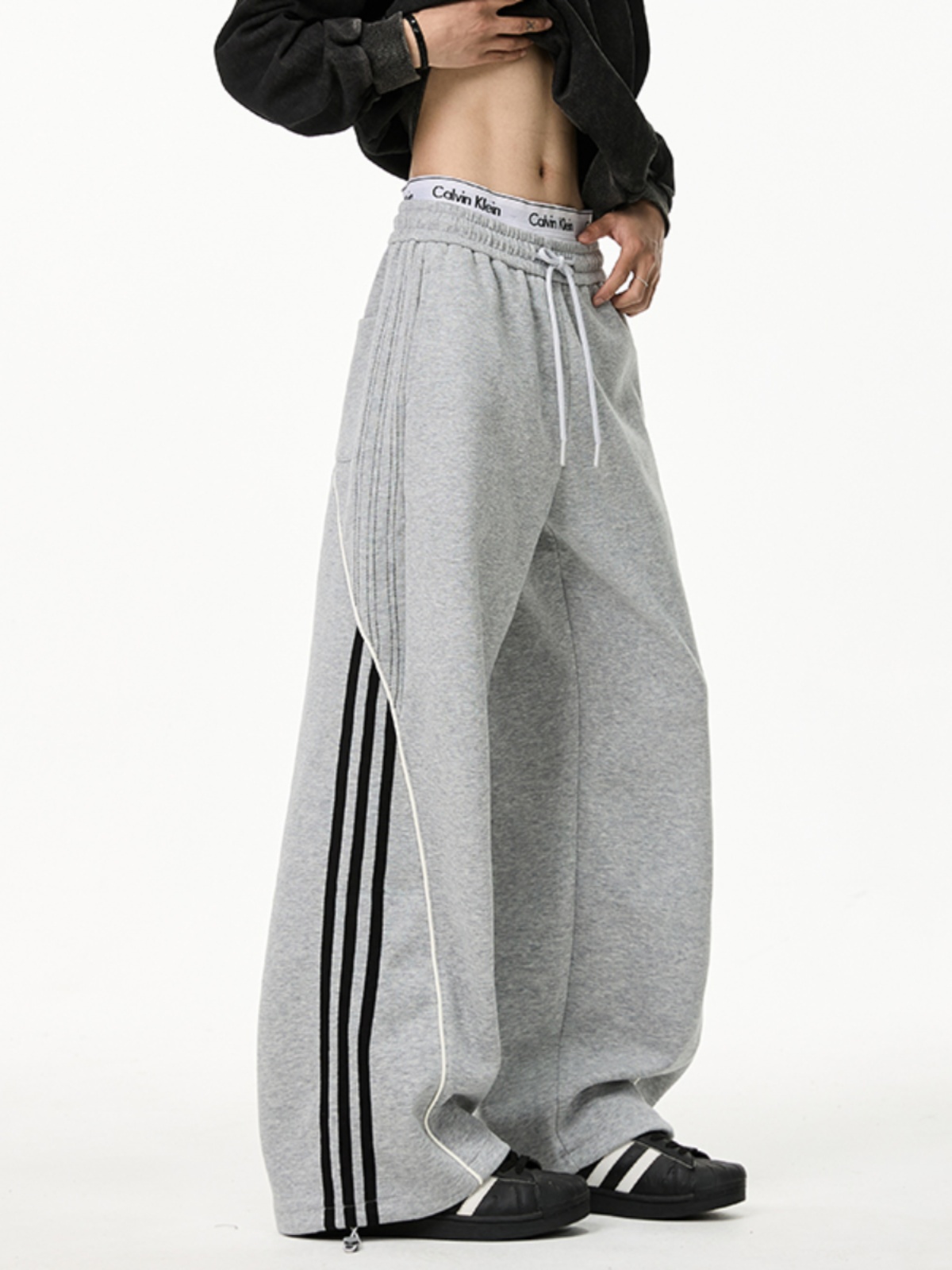 Fashion Brand Three Bars Patchwork Gray Sweatpants Women 2025 New Street Loose BF Wide Leg Straight Casual Sweat pants