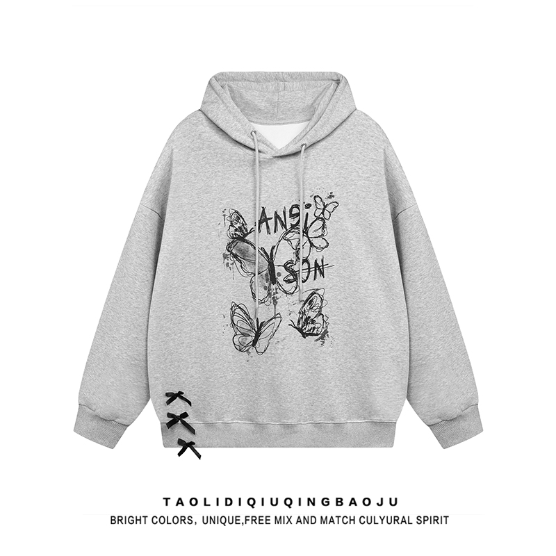 American Fashion Brand Butterfly Graffiti Hooded Sweatshirt Female 2025 New Arrival Fried Street Sweet Cool Gray Loose Top Coat BF