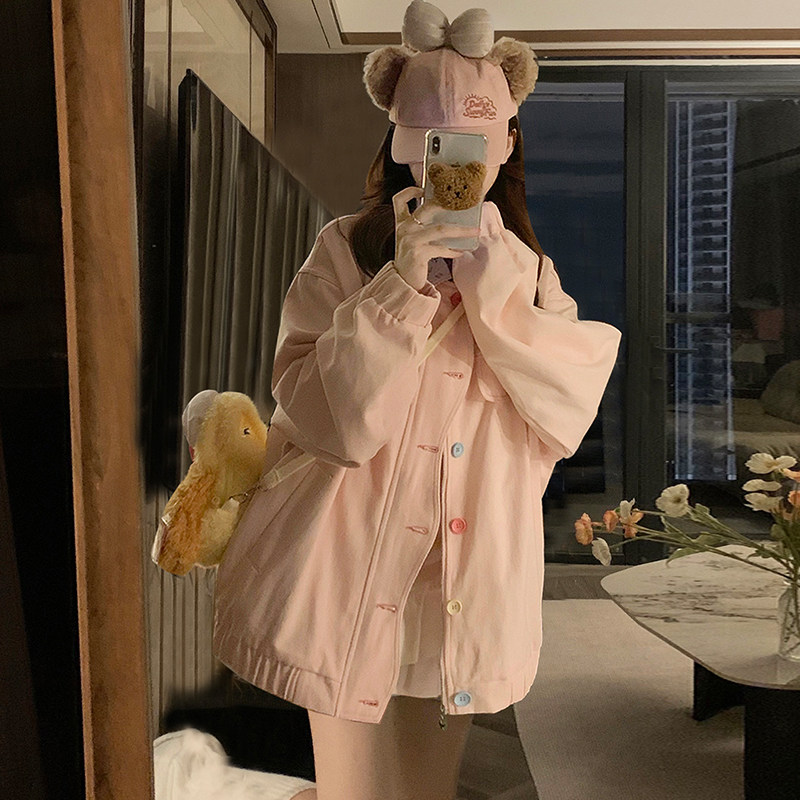 Sweet Style Age-Reducing Color Button Denim Outwear Female Loose Small Soft Girl Dopamine Loose-Fitting Jacket Top