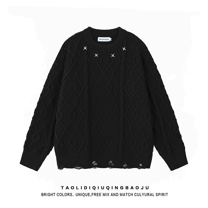 American High Street Metal Sense Eight-Pointed Stars Cable Stitch Ripped Sweater Women's Winter Tide Idle Style round Neck Knitwear Tops